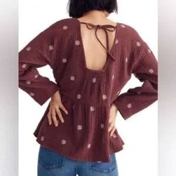 Madewell Embroidered Lightspun Peplum Open-Back Top Vintage Mulberry Sz M - Picture 2 of 7